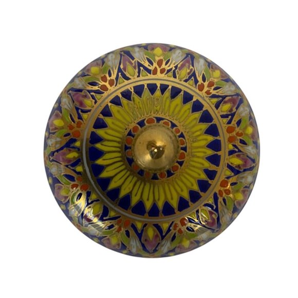 Thai Benjarong Porcelain Bowl Trinket Dish with Lid Hand Painted Blue Gold - Picture 3 of 6